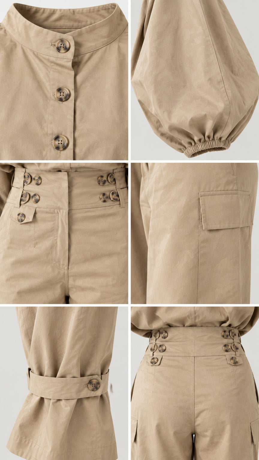 Close-up details of collar, button waistband, cargo pocket, and ankle tabs