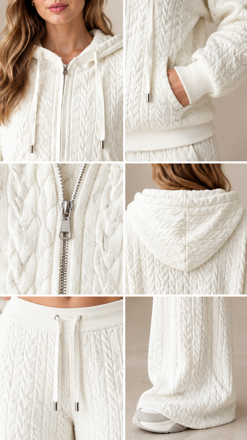 Close-up collage of white cable knit zip hoodie details, drawstrings, pockets, and ribbed hem