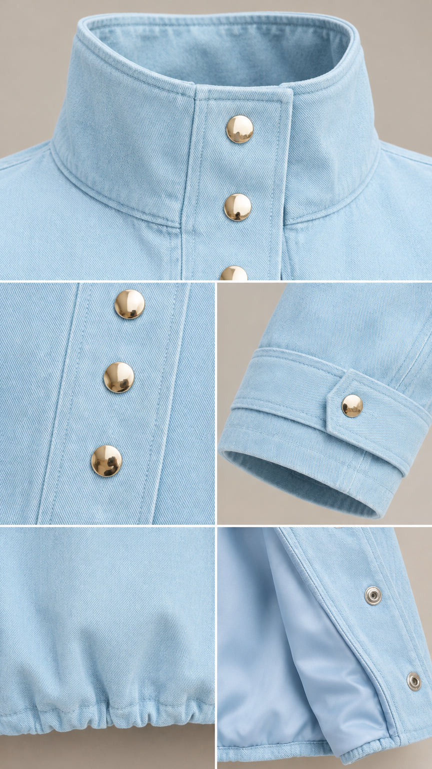 Close-up details of Light Blue jacket showing collar, gold snaps, cuff tab, and lining