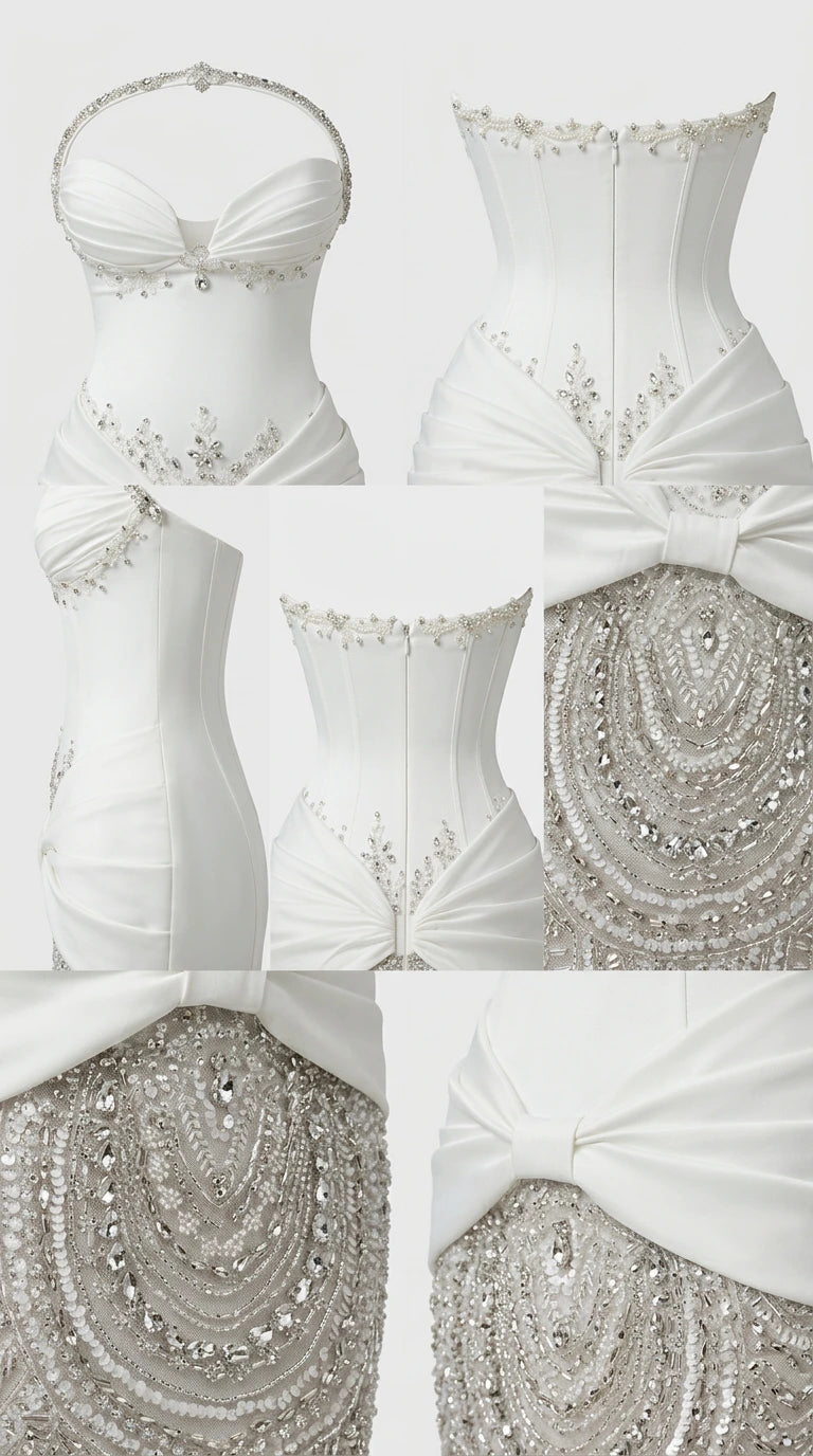 Detailed close-up view of boned corset construction, waist drape, and crystal beading