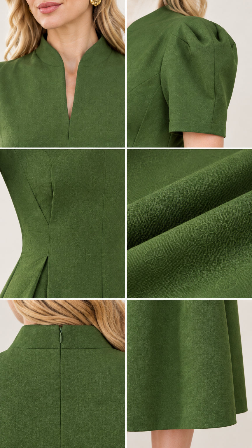 Close-up details of olive green dress showing neckline, sleeve, fabric texture, and waist darts