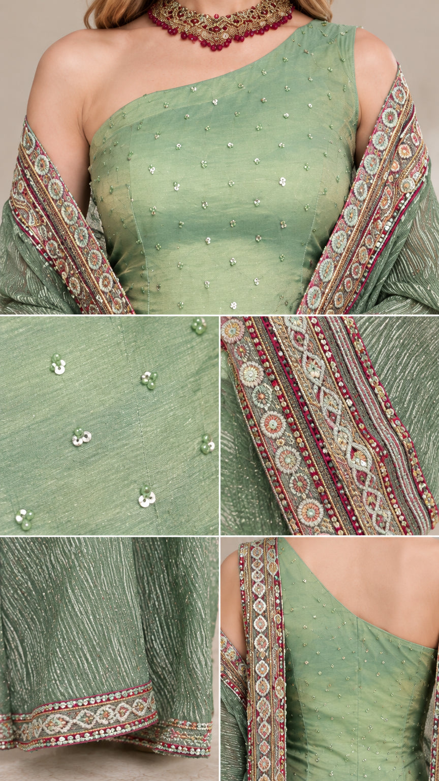 Close-up details of sequin embellishments and embroidered border trim