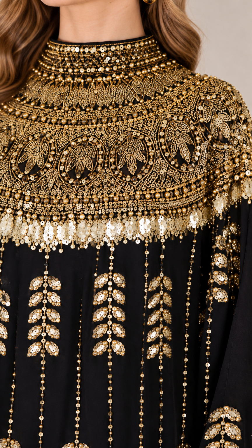 Close up of intricate gold sequin and bead embroidery around the high neckline