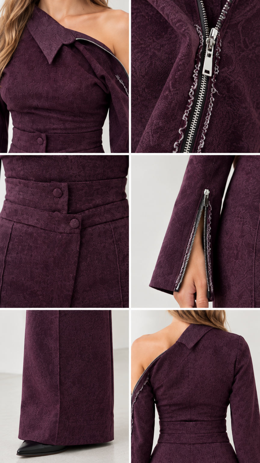 Close-up details of collar zipper, buttoned waistband, and split zipper cuffs