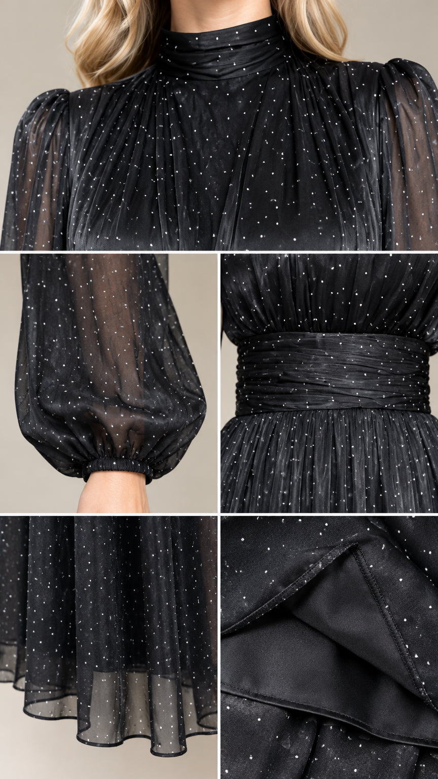 Close-up details of pleated mock neck, sheer sleeve cuff, ruched waistband, and lined hem