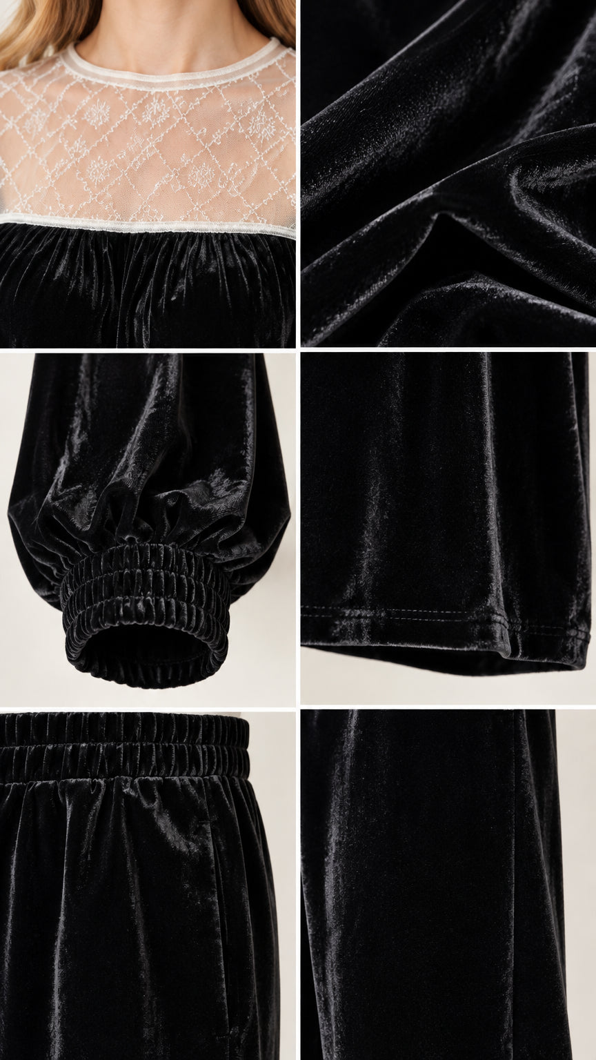 Close-up details of sheer lace yoke, plush velvet texture, elastic cuff, and waistband