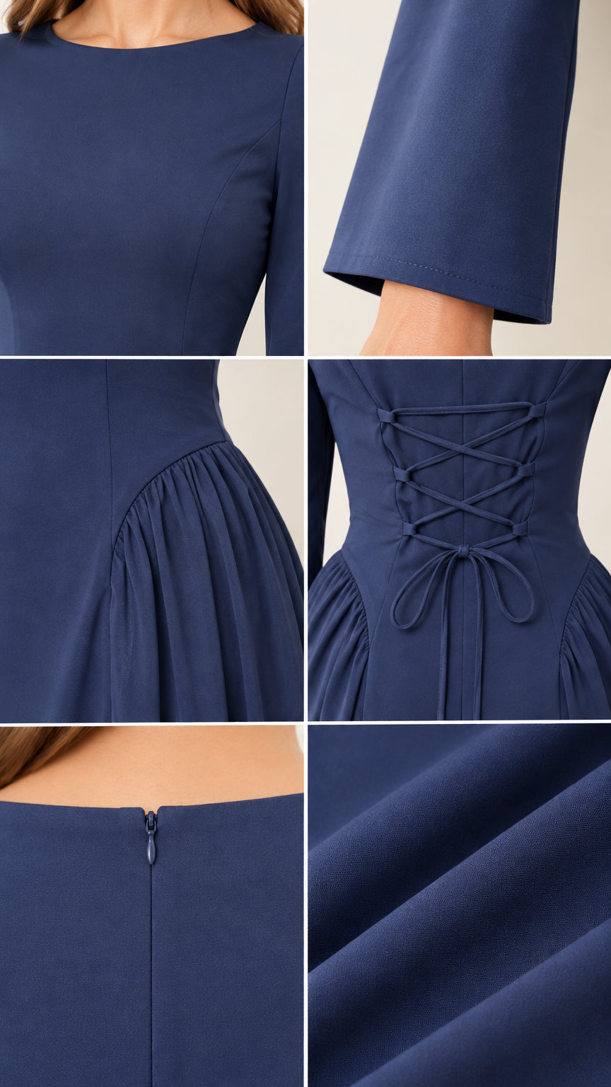 Close-up details of neckline, sleeve hem, hip ruching, back lace-up, and fabric texture