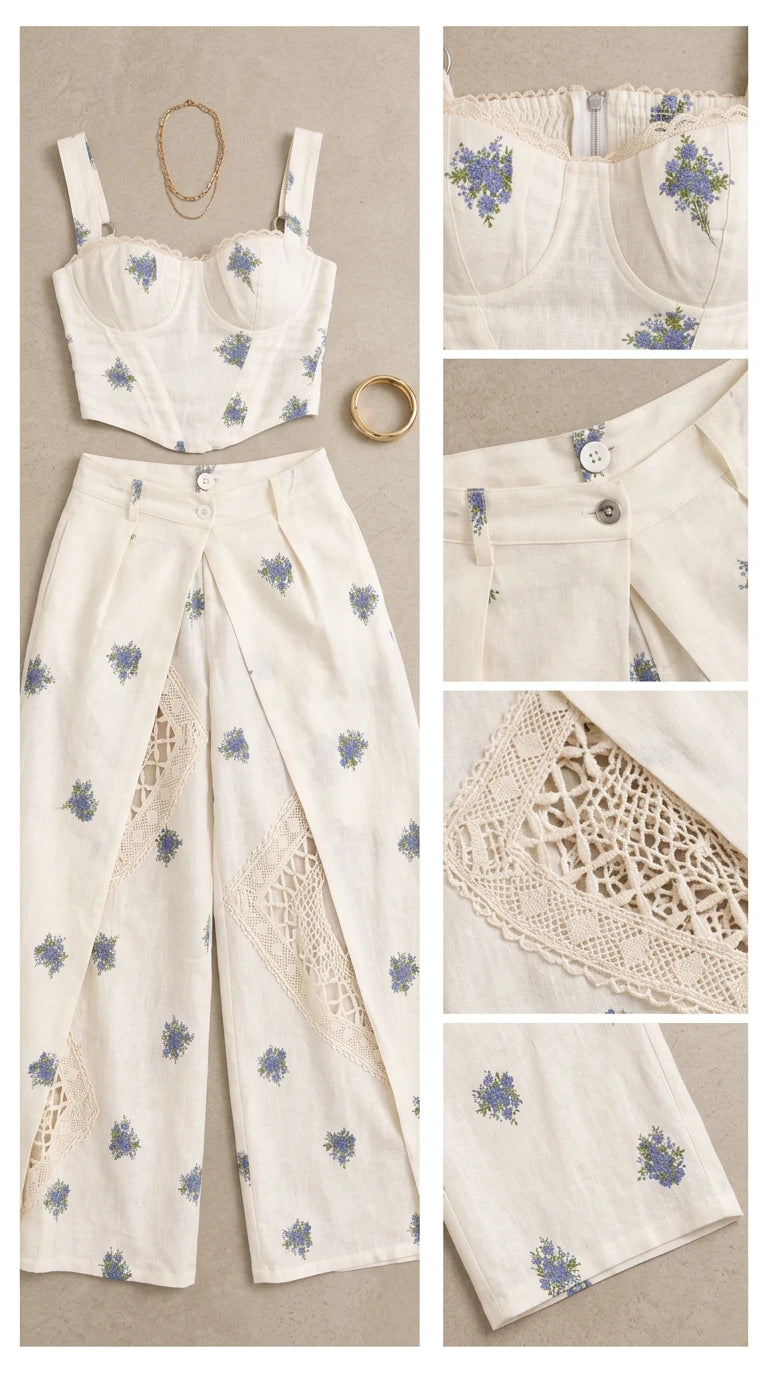 Flat lay details of white embroidered top, trousers, and crochet lace cutouts