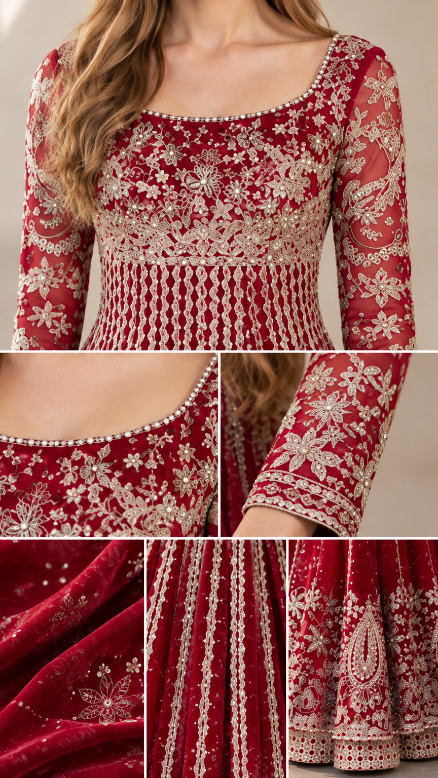 Close up details of intricate embroidery, neckline, and sleeves on burgundy gown