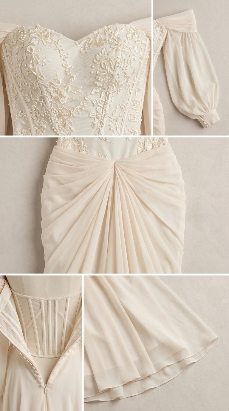 Detailed close-ups of embroidered lace bodice, ruched waist drape, inner corset boning, and hem
