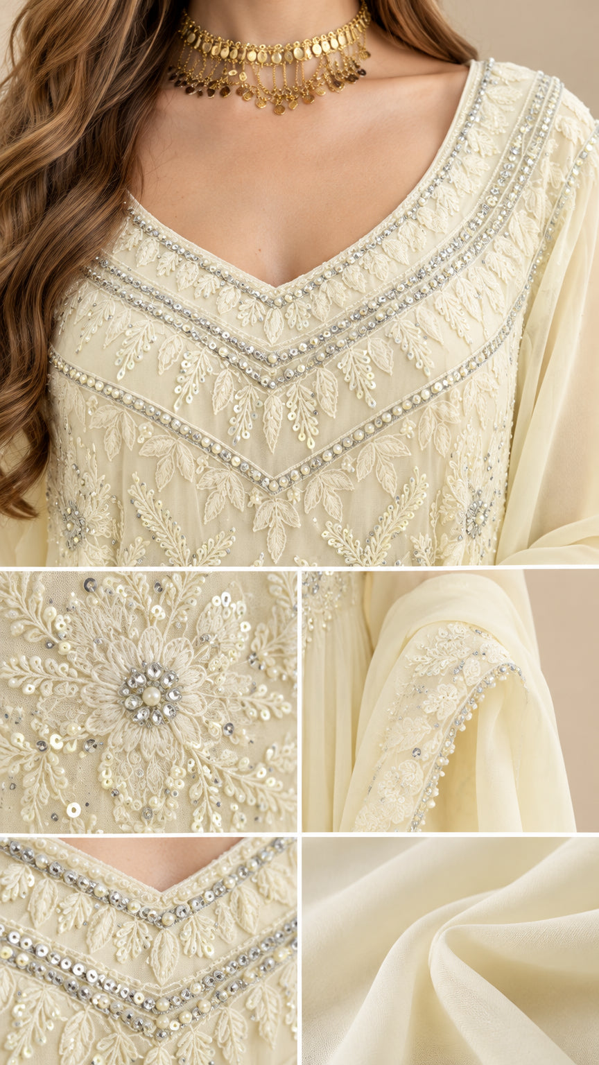 Close-up details of sequin embroidery, neckline embellishments, and chiffon texture