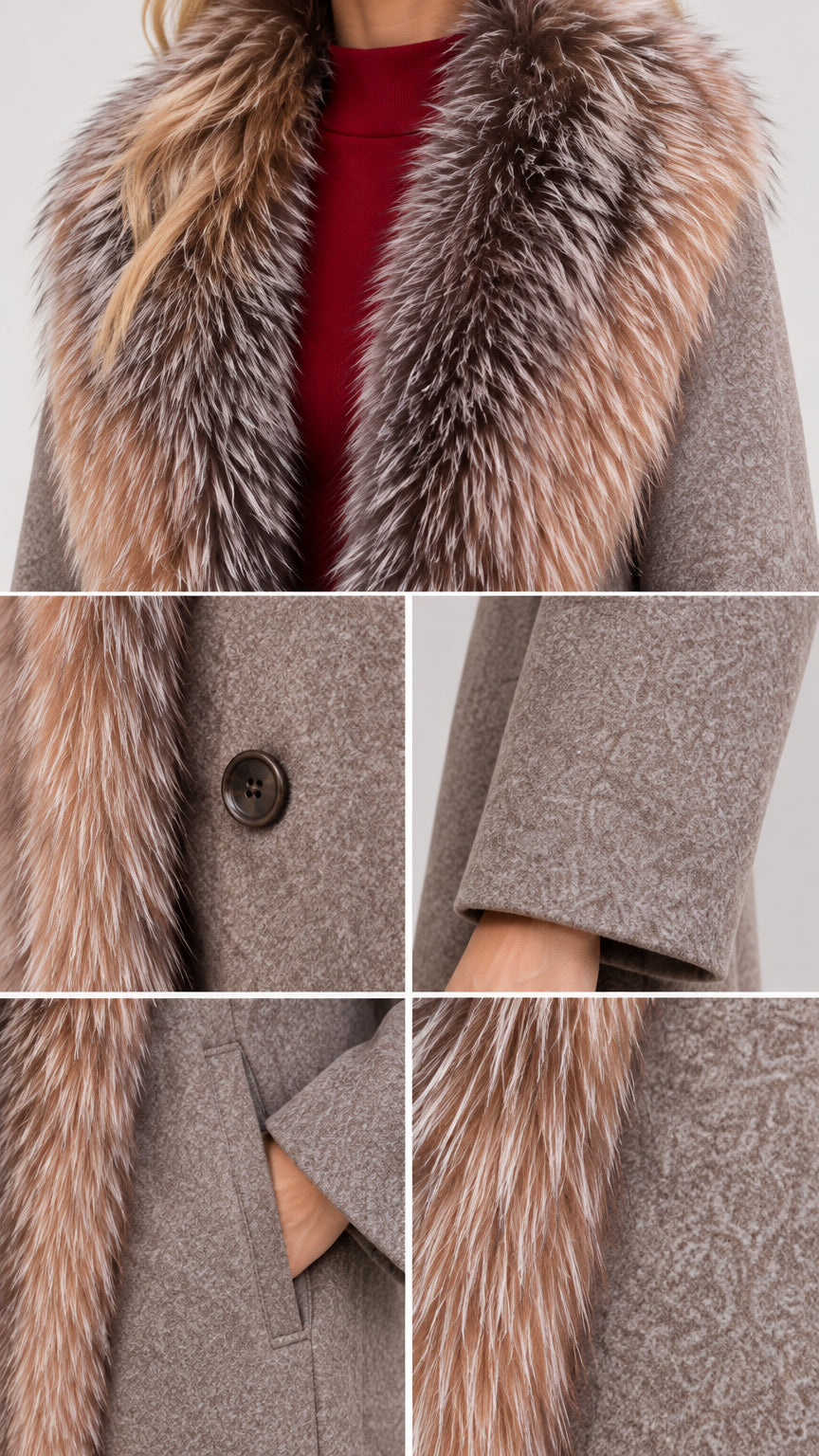 Detailed close-ups of faux fur trim collar, woven coat fabric, button, and side pocket