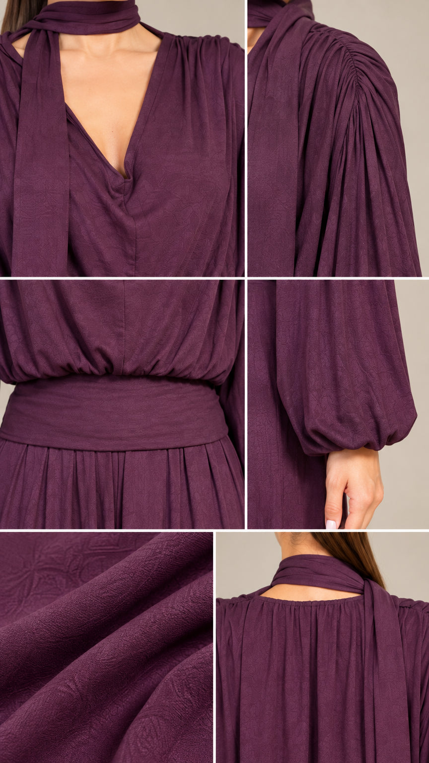 Close-up details of neckline scarf, shoulder pleats, waistband, and textured fabric