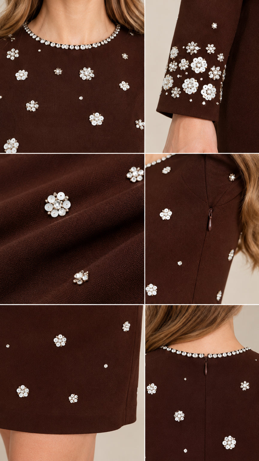 Close-up details of rhinestone floral embellishments, cuffs, fabric texture, and hidden back zipper