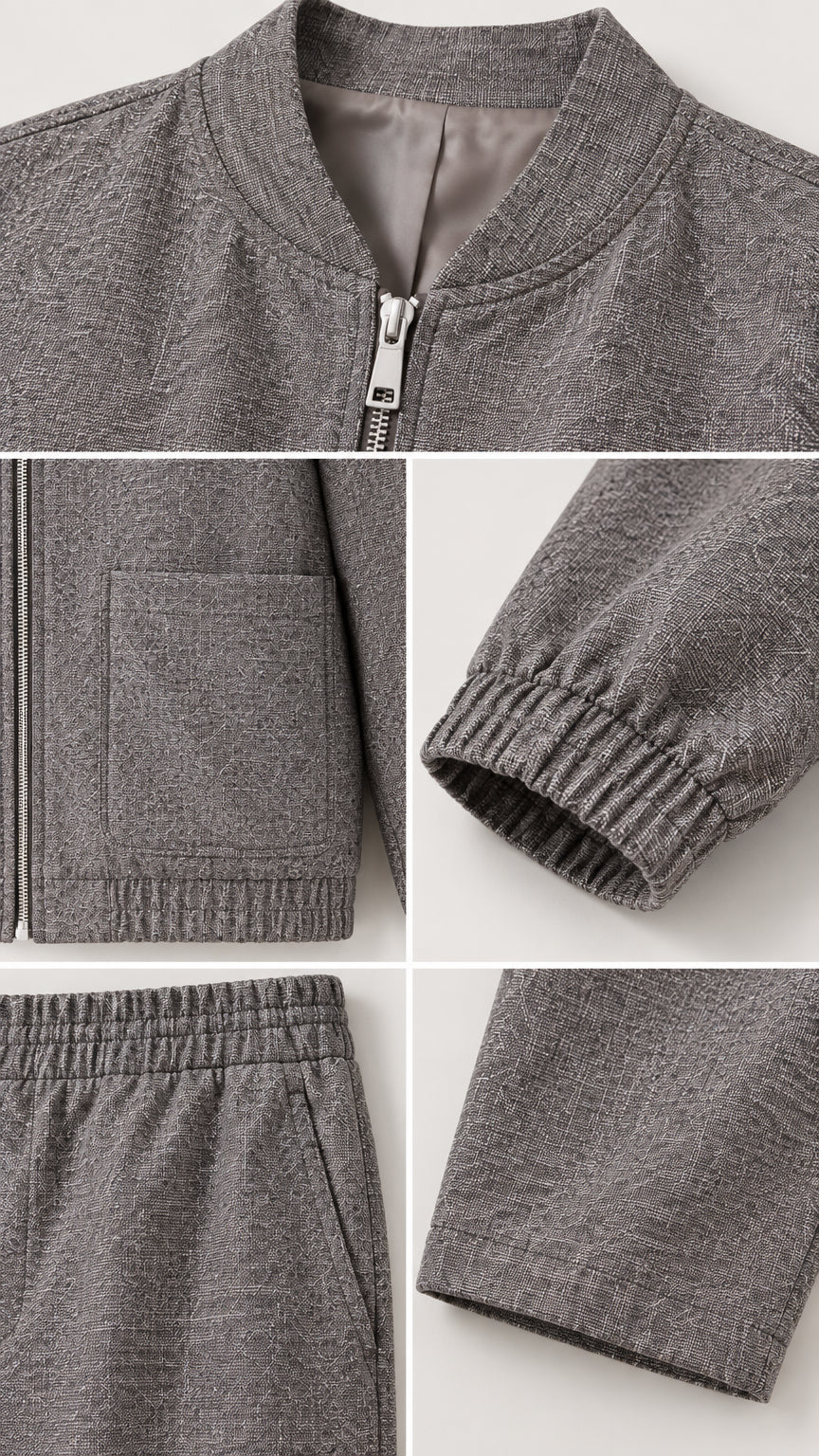 Close-up detail shots of grey set collar, zipper, cuff, pocket, and fabric texture