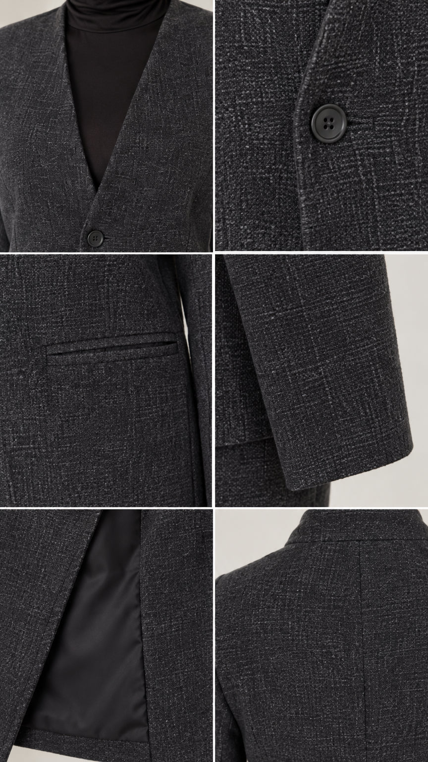 Close-up details of Charcoal Grey suit fabric, single button closure, pockets, and smooth inner lining