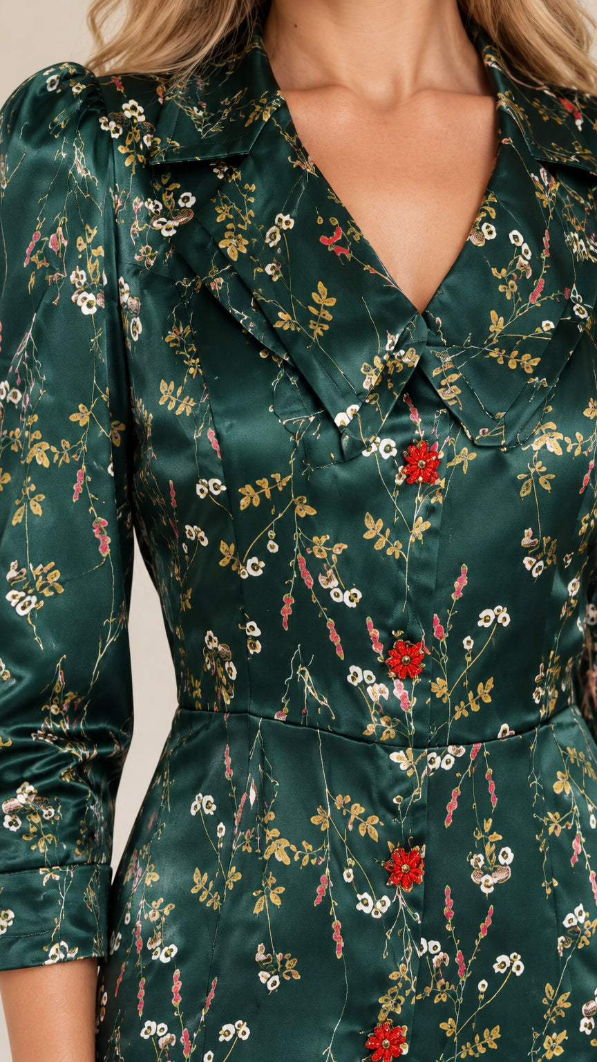 Close-up detail of notched lapel collar and rosette button embellishments
