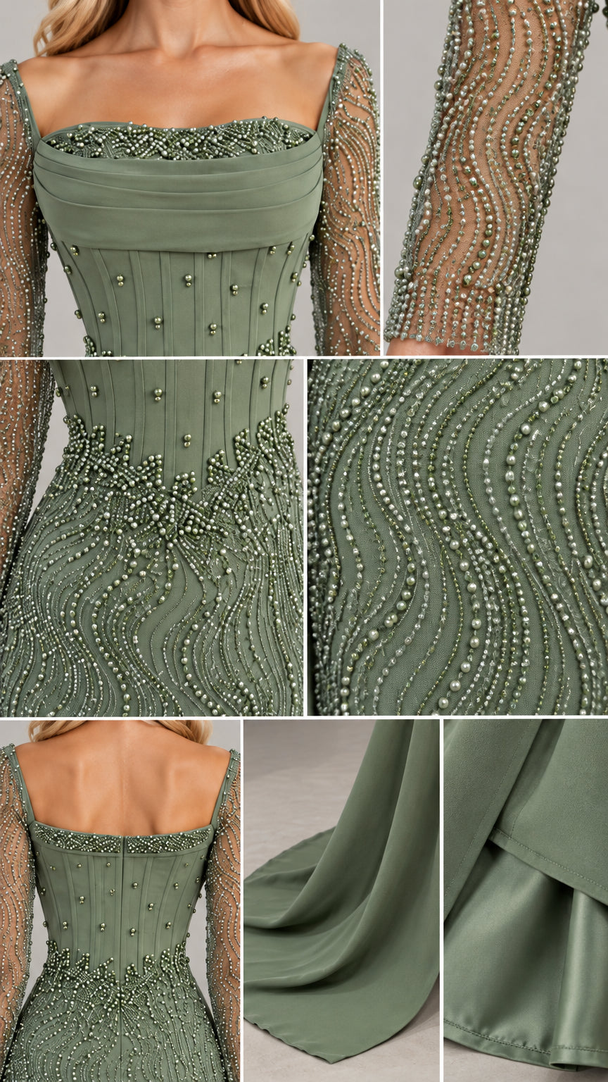 Detailed close-up of pearl beading, sheer sleeve embellishment, and draped neckline
