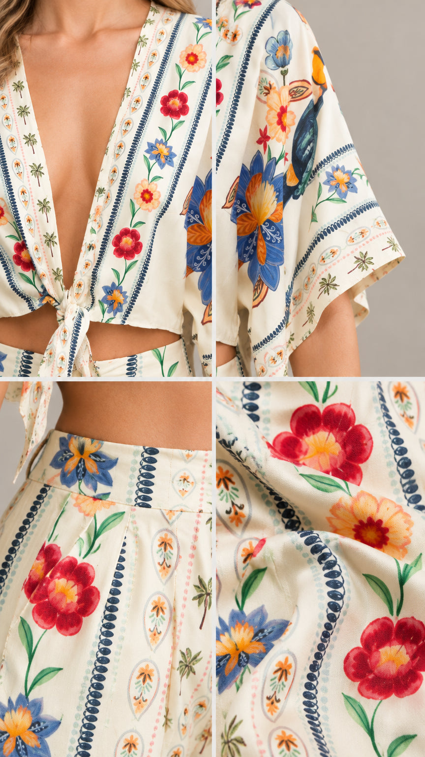 Close-up details of neckline, tie knot, and floral stripe pattern on cream set