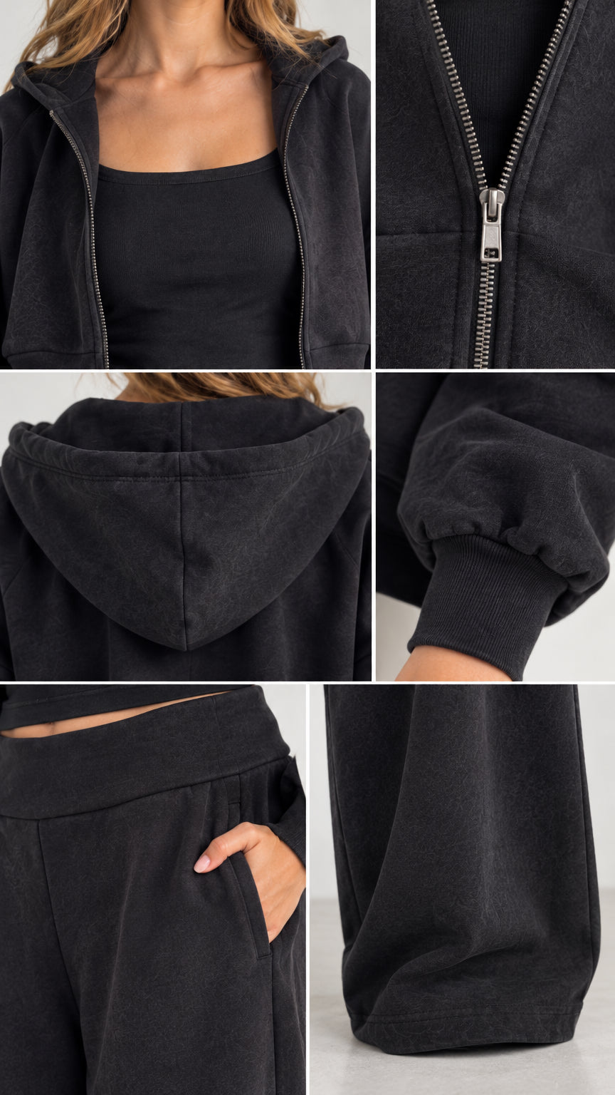 Close-up details of the zip closure, hood, ribbed cuffs, and side pockets of the black lounge set