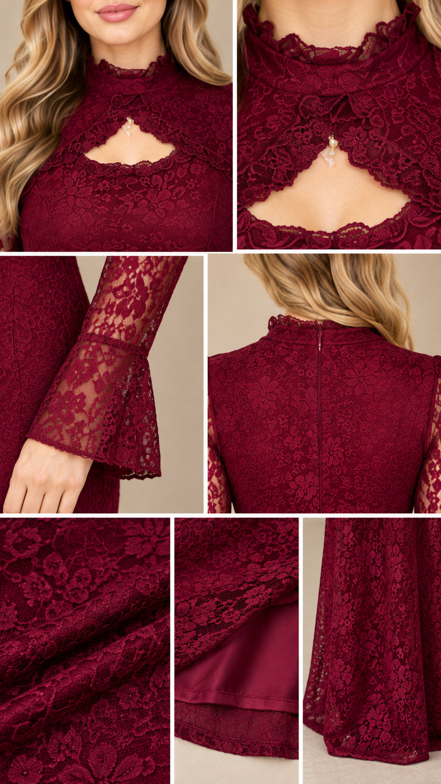 Close-up details of burgundy lace cutout neckline and bell cuffs