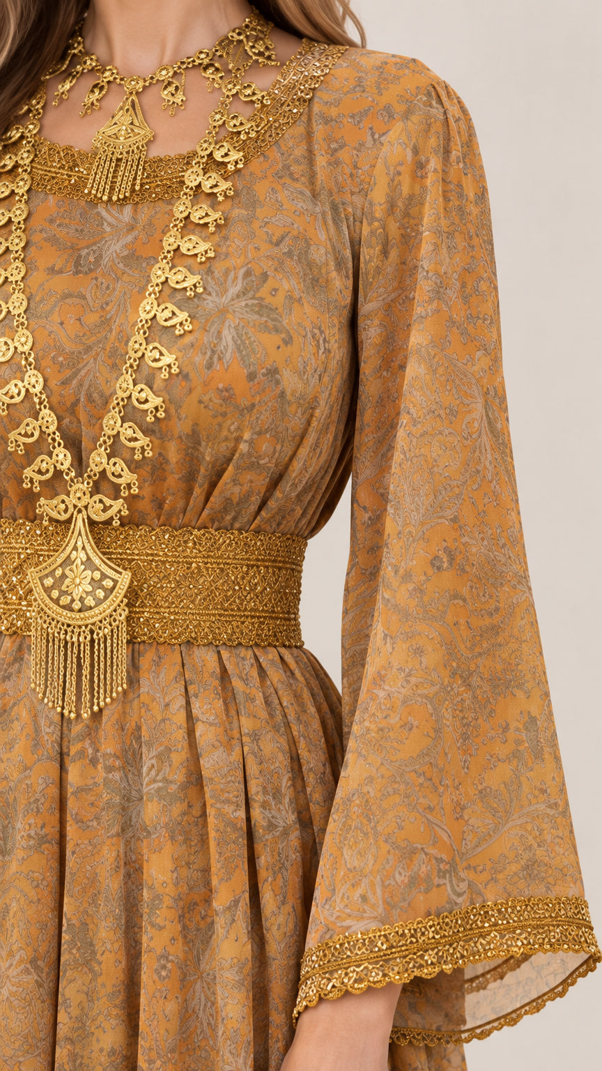 Close-up detail of gold embroidery neckline, waist trim, and bell sleeve