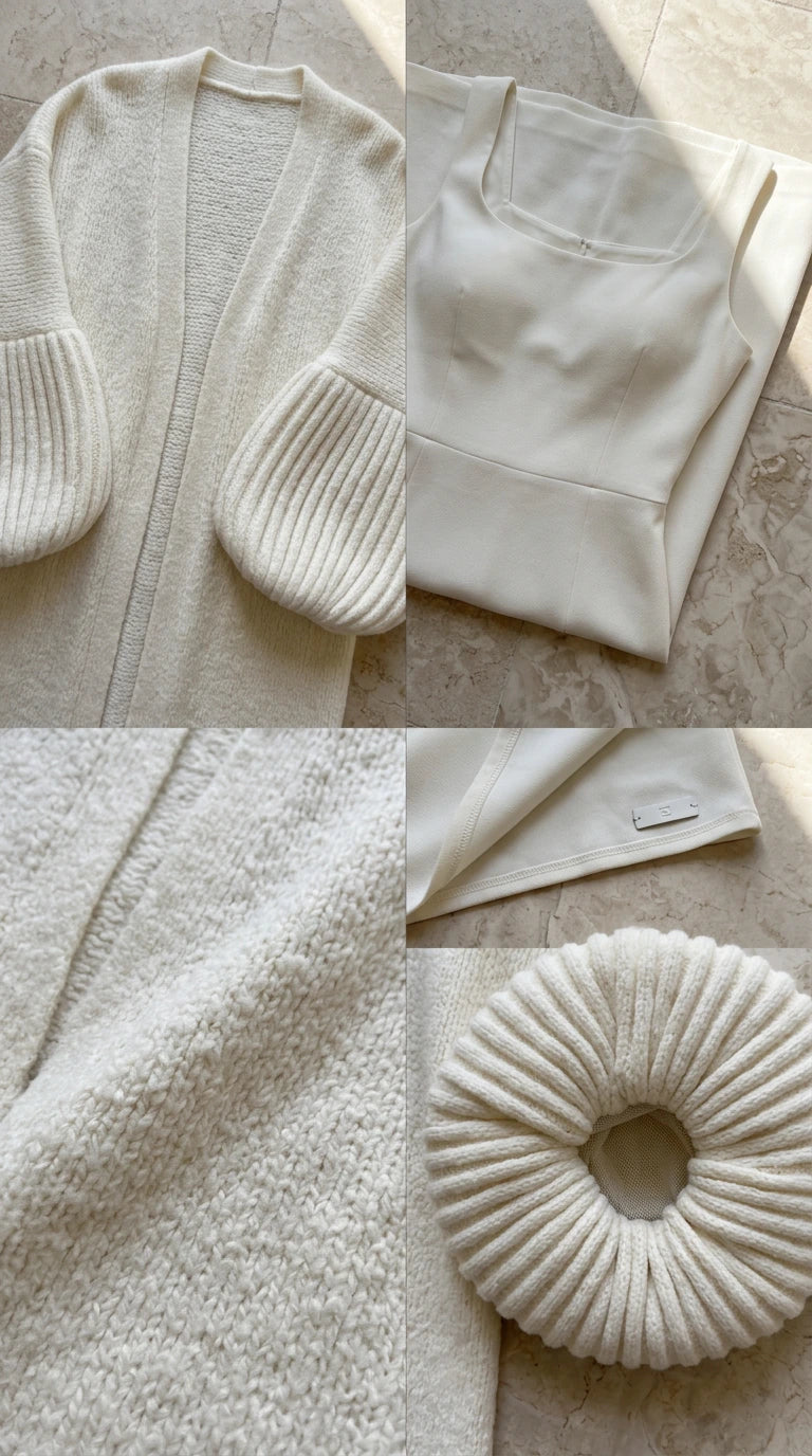 Close-up details of soft textured knit fabric, neckline, and ribbed sleeves