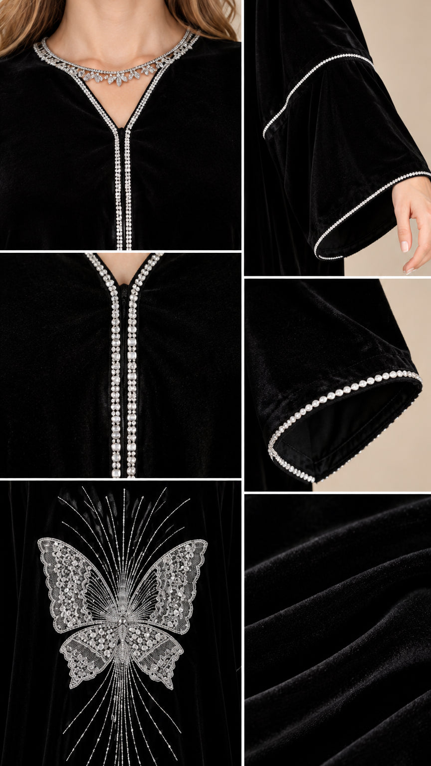 Close-up details of rhinestone neckline, sleeve cuffs, and butterfly embellishment