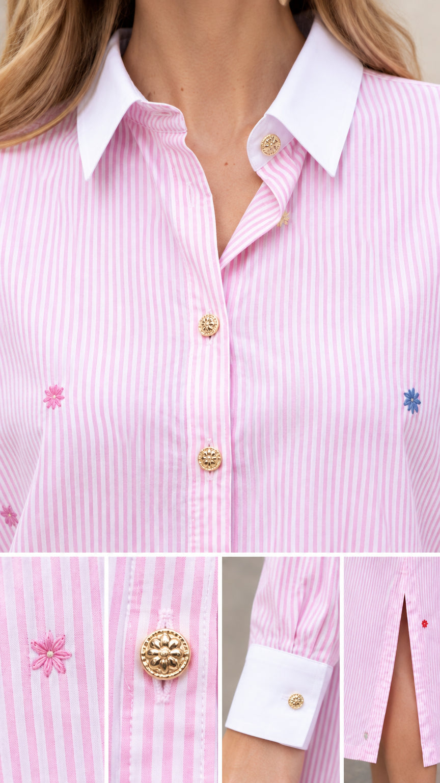 Close-up details of embroidered motifs, gold-tone button, and contrast collar