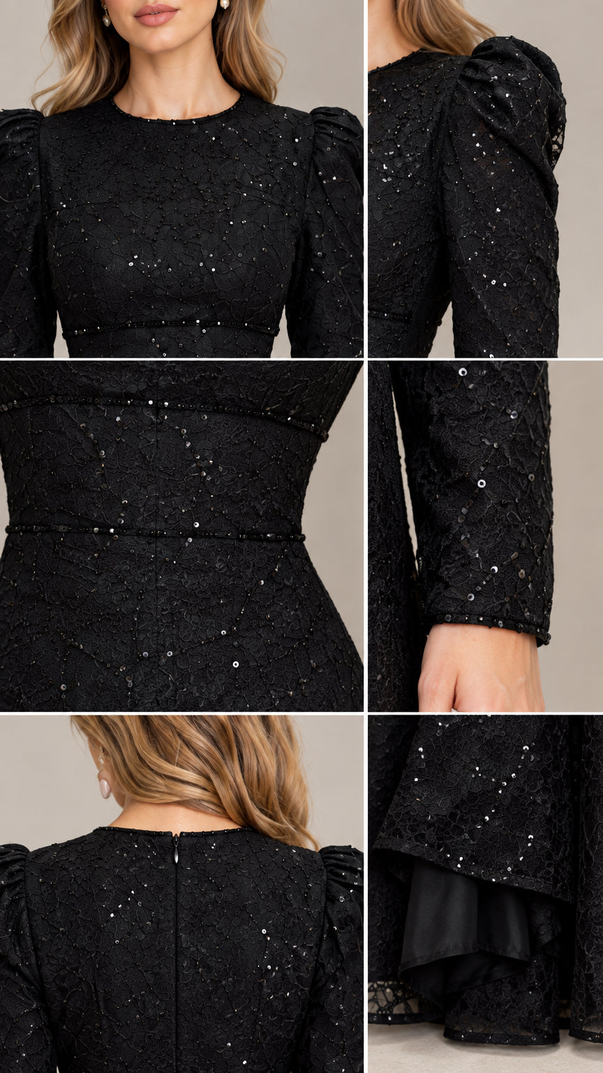 Close-up details of sequin lace texture, neckline, gathered shoulders, and hem lining