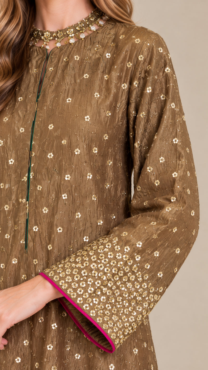 Close-up detail of embellished neckline, textured fabric, and contrast pink inner cuff