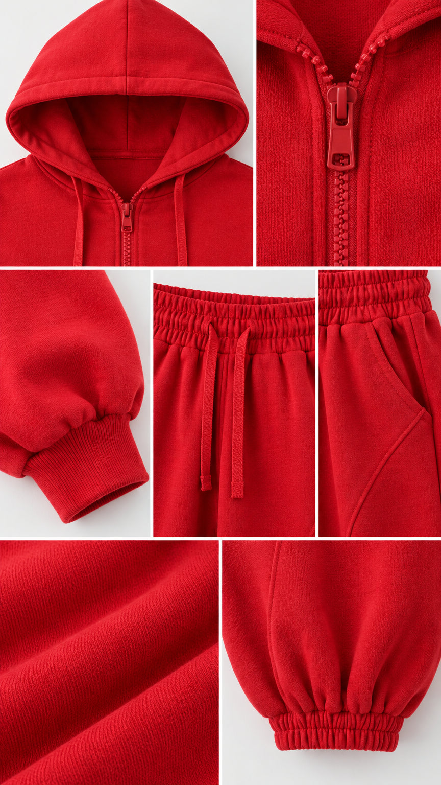 Close-up details of red zipper, hoodie, cuffs, and elastic waistband