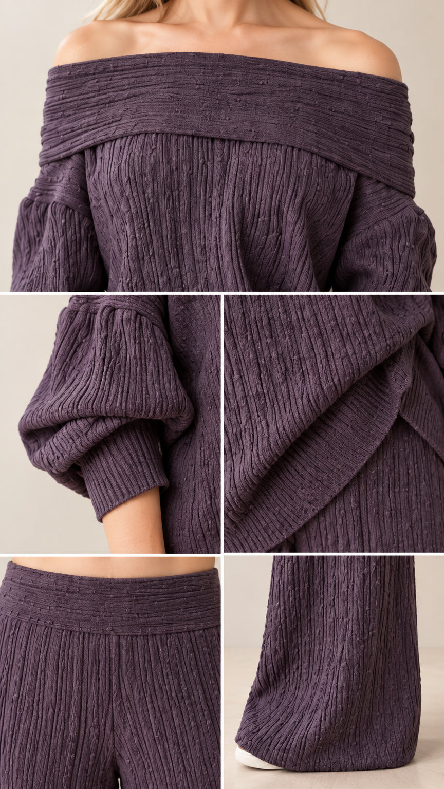 Close-up details of neckline, sleeve cuff, textured knit fabric, and pant hem