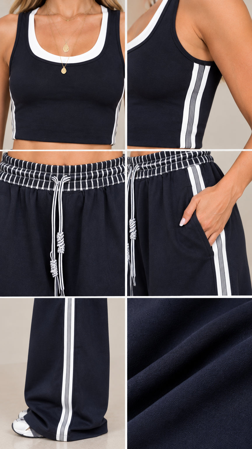 Close-up details of neckline trim, drawstring waistband, pockets, and knit fabric
