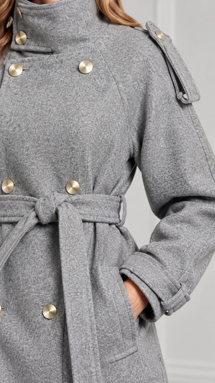Close-up detail of textured grey fabric, metallic gold-tone buttons, epaulets, and waist tie