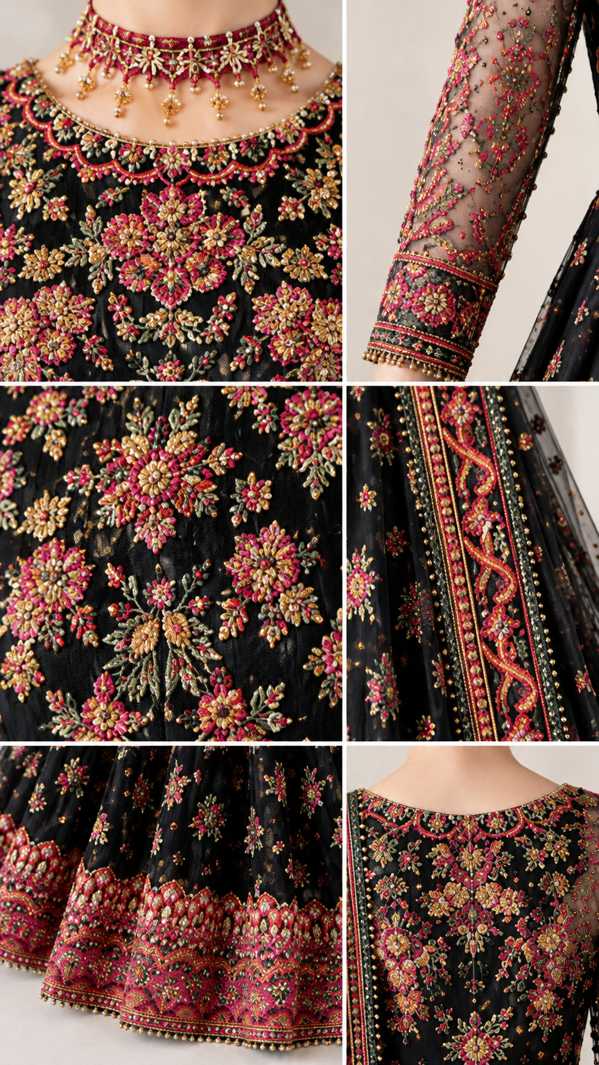 Close-up details of embroidery neckline sleeves and border hem
