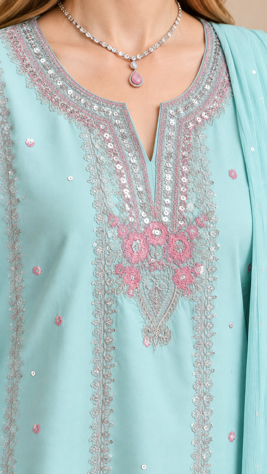 Close-up detail of sequin and floral embroidery on sky blue split V-neckline