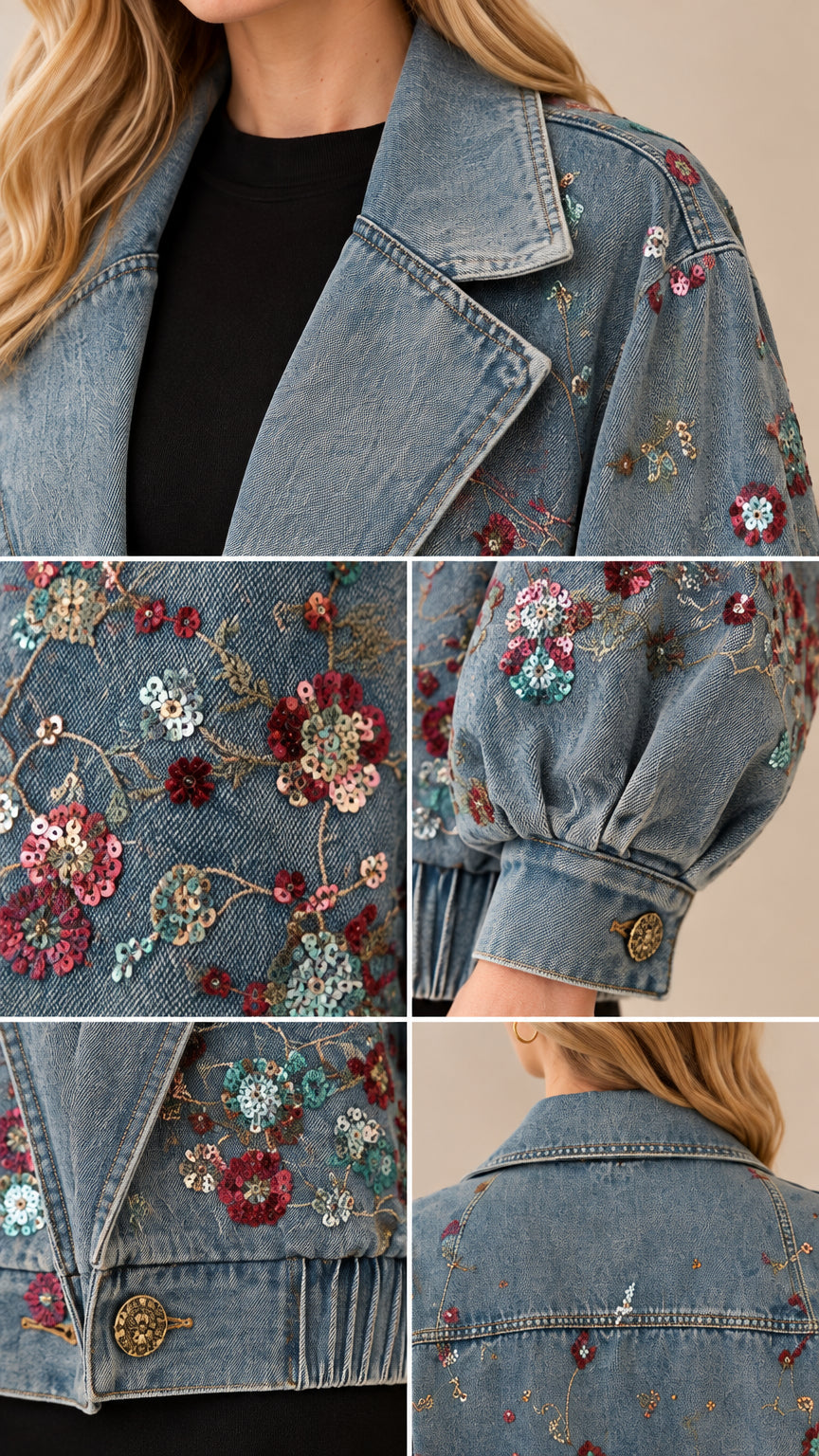 Detailed close-up collage of floral embroidery, sequin accents, cuffs, and lapel