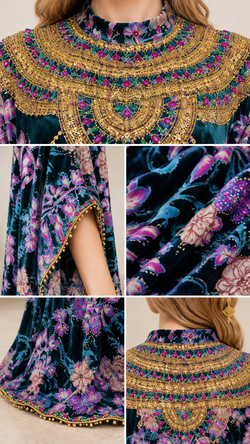 Close-up details of gold beaded embroidery on collar, sleeve edge trim, and velvet texture