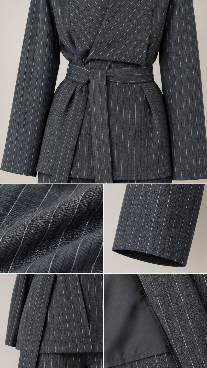 Close-up details of pinstripe fabric, wrap waist belt, cuffs, and lining