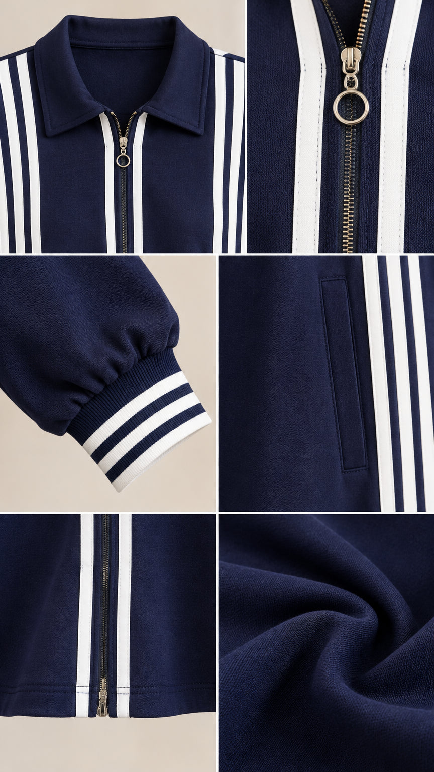 Close-up details of collar, zipper ring pull, ribbed cuff, pockets, and fabric texture