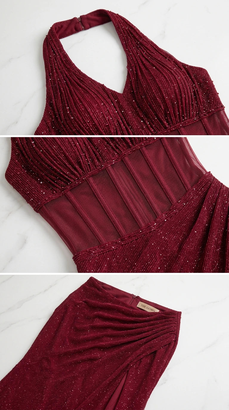 Close-up detail of halter neckline, sheer boned corset waist, and ruching on Burgundy gown