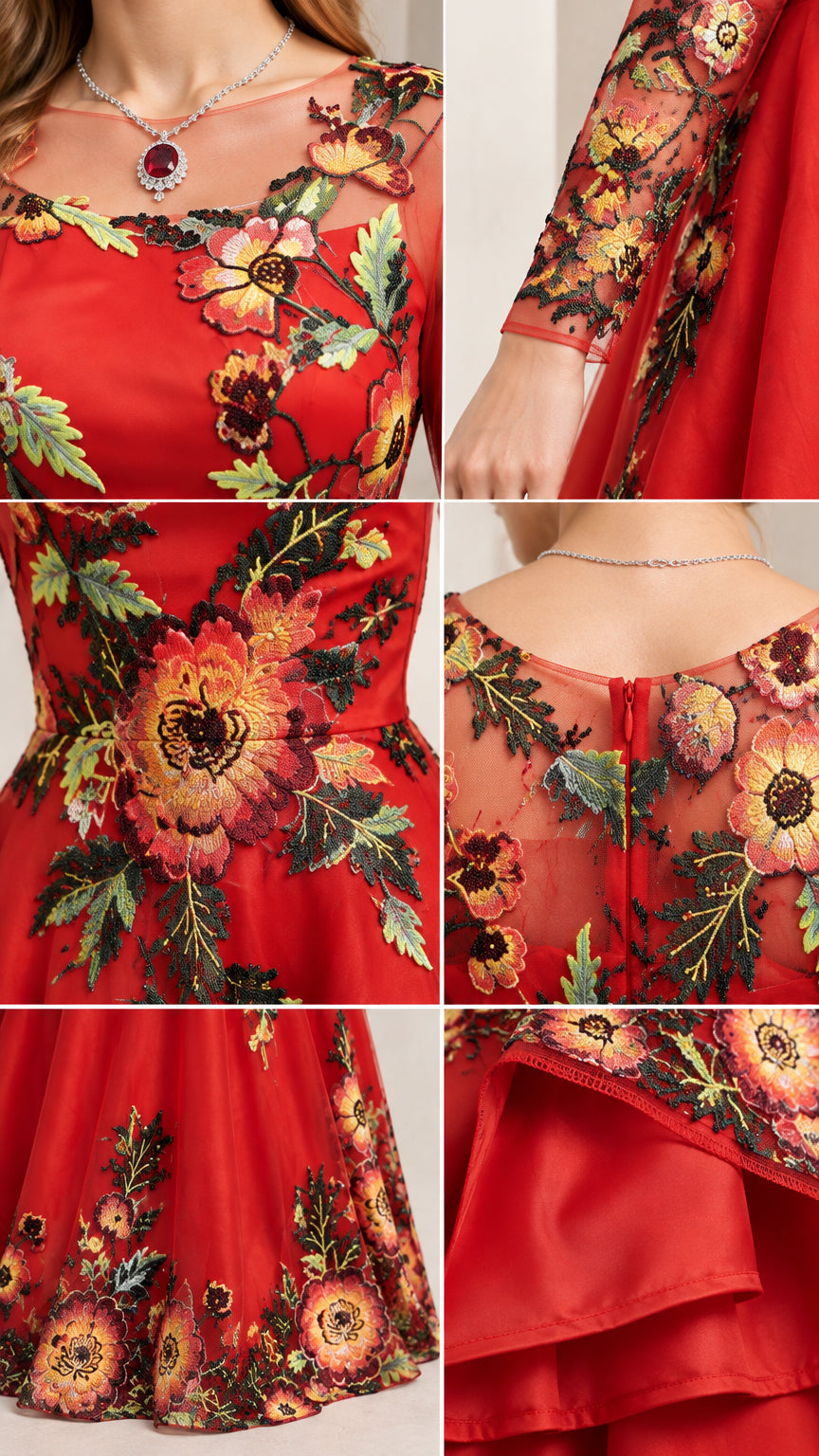 Close-up details of floral embroidery sheer neckline and hem on red evening dress