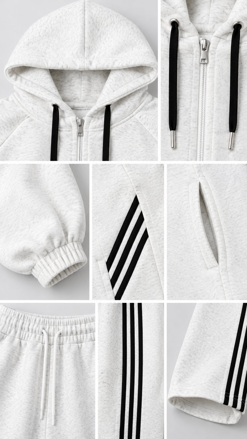 Close-up details of hood drawstring, metal zipper, elastic cuff, side stripes, and pockets