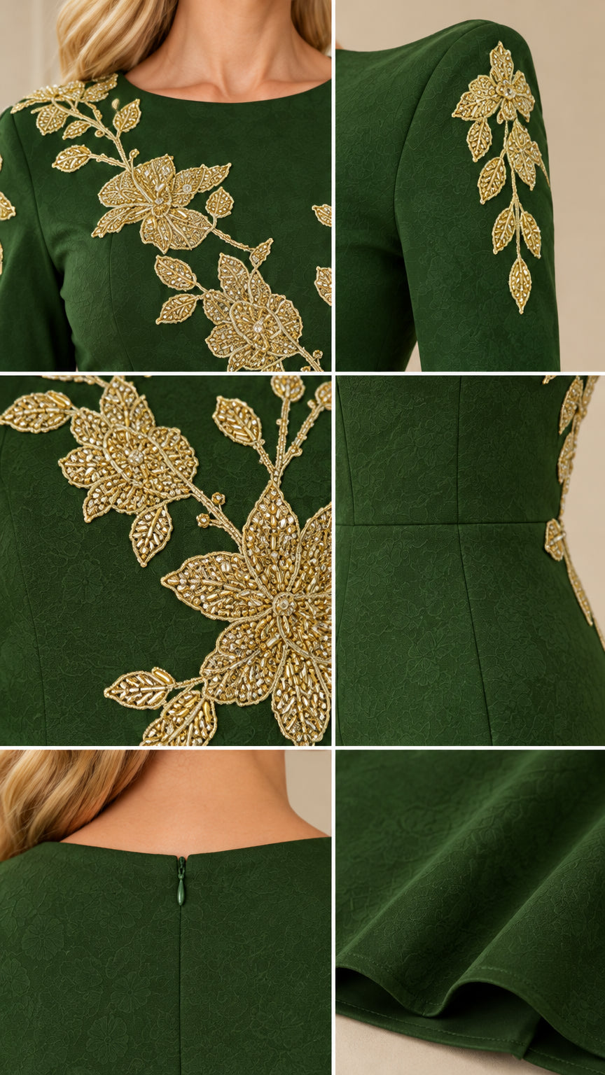 Detailed close-ups of neckline, gold floral embroidery, back zipper, and hem drape