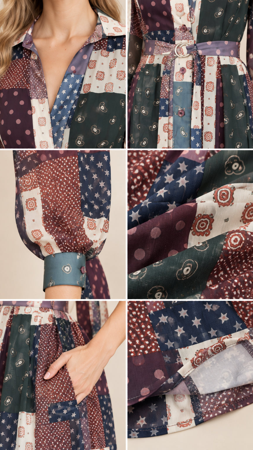 Close-up details of collar, belt, button cuffs, and side pocket on patchwork maxi dress