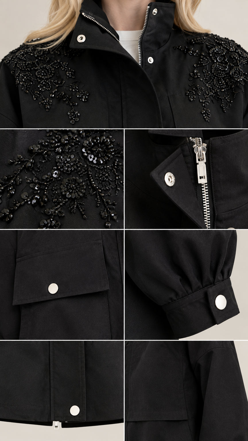 Close-up details of black utility jacket beadwork, hardware zipper, and snap cuffs