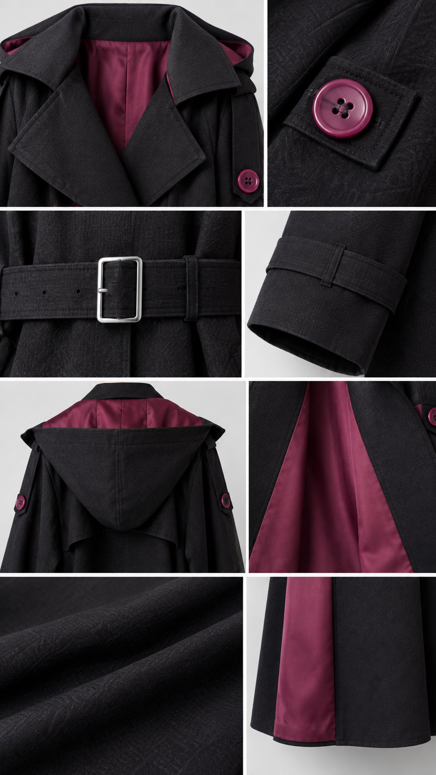 Close-up details of collar, buttons, buckle belt, hood, fabric texture, and contrast lining