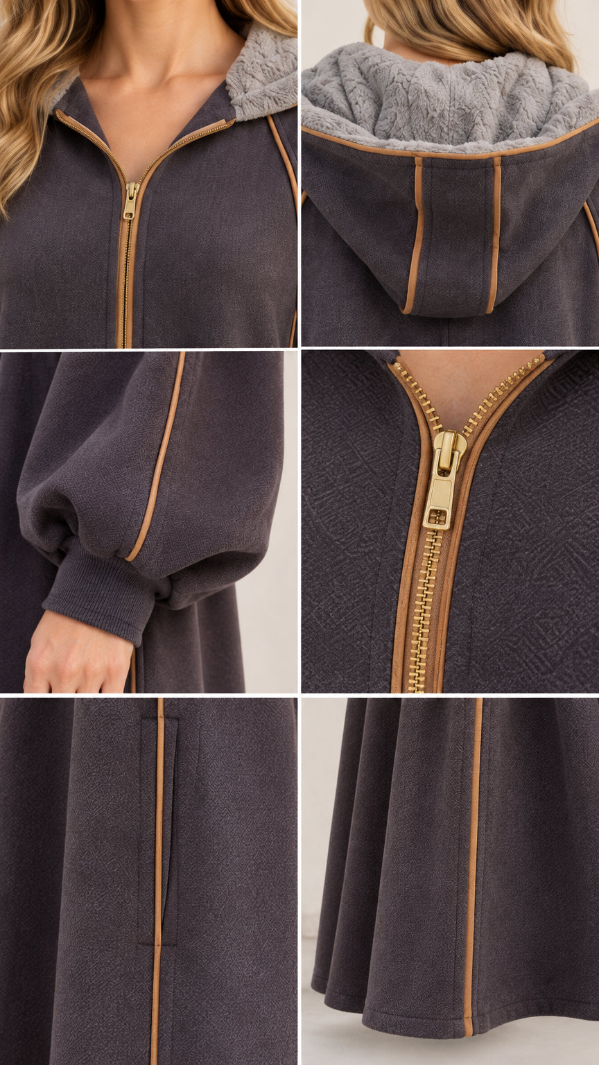 Close-up details of hood lining, gold zipper, cuffed sleeves, and vertical piping on fleece robe
