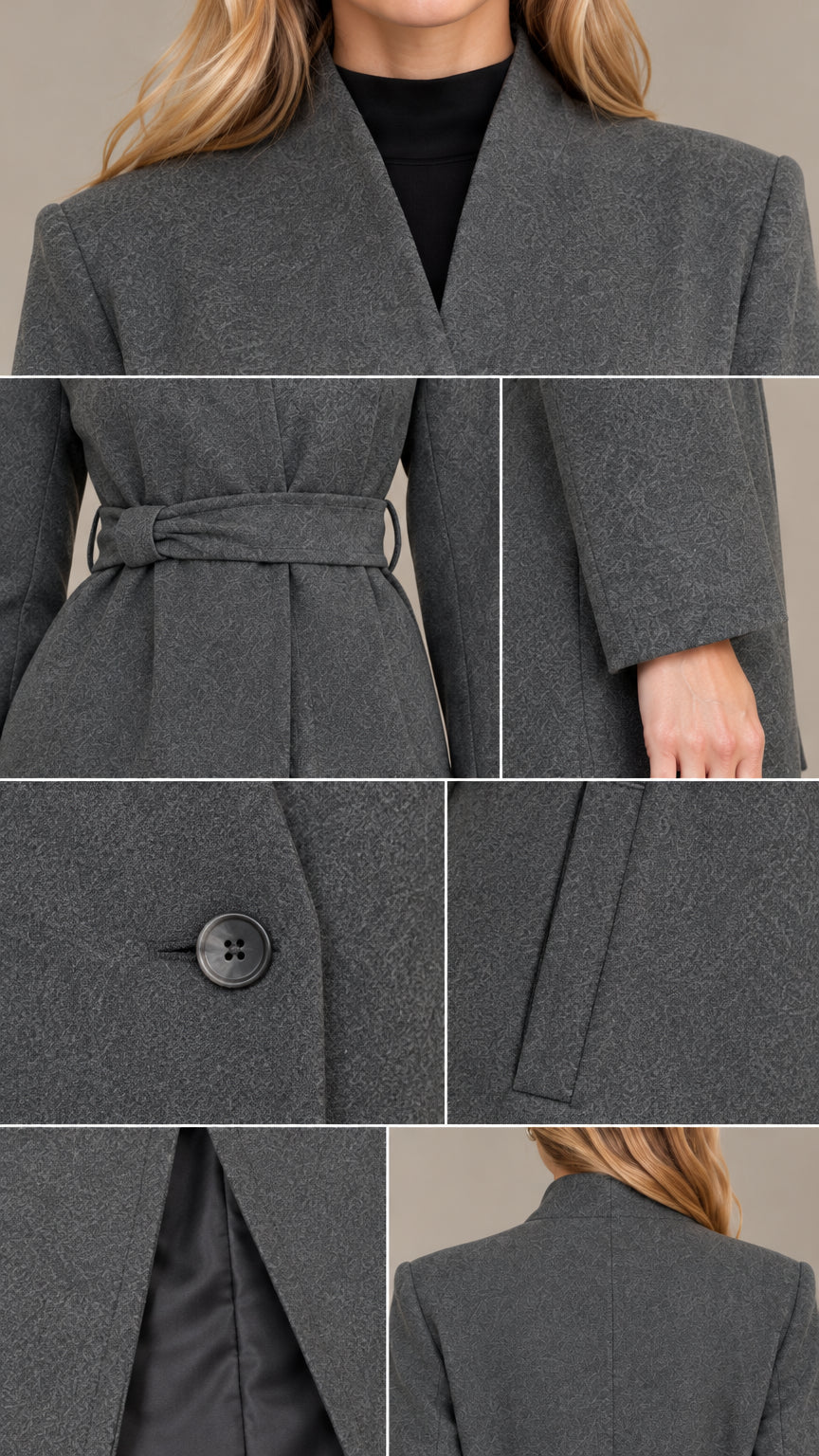 Detailed collage showing the neckline, belt, button closure, welt pocket, and fabric texture